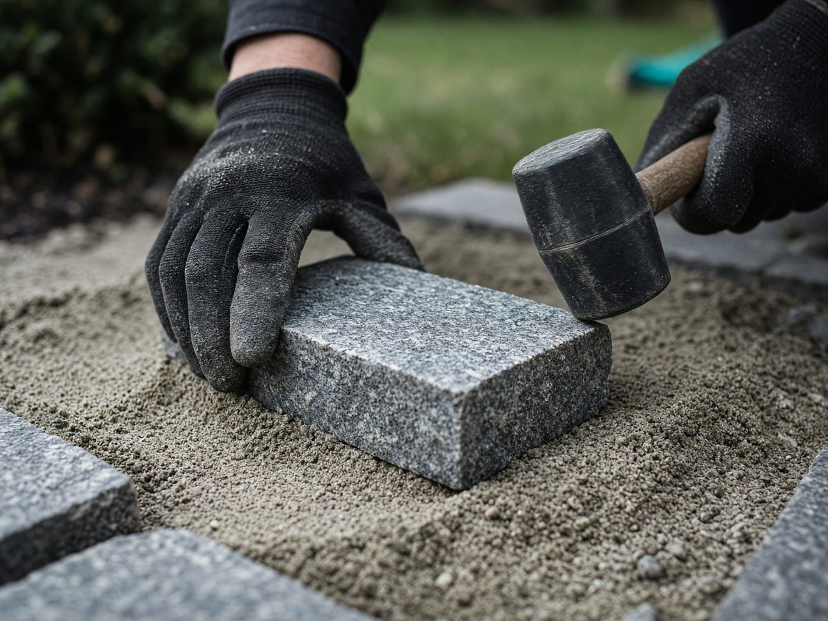 Hände in Handschuhen setzen einen Pflasterstein mit dem Gummihammer ins Sandbett