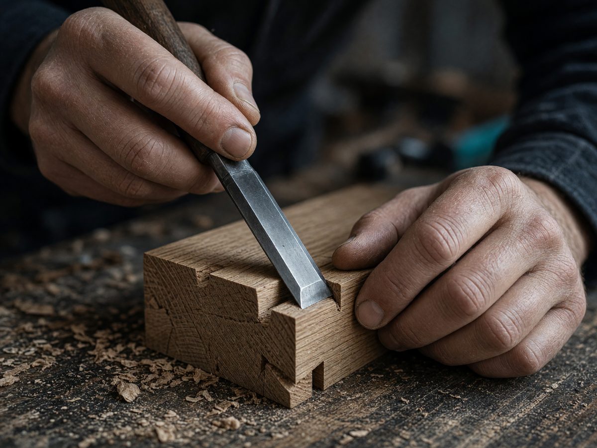 Hände stemmen mit einem Stechbeitel eine Verbindung in ein Holzstück, daneben Späne
