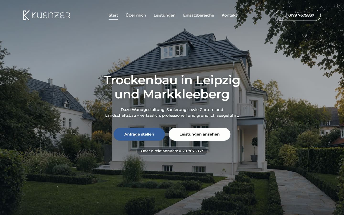 Startseite von bauservice-kuenzer.de: Altbauvilla mit Garten, darüber „Trockenbau in Leipzig und Markkleeberg“ und die Knöpfe „Anfrage stellen“ und „Leistungen ansehen“.