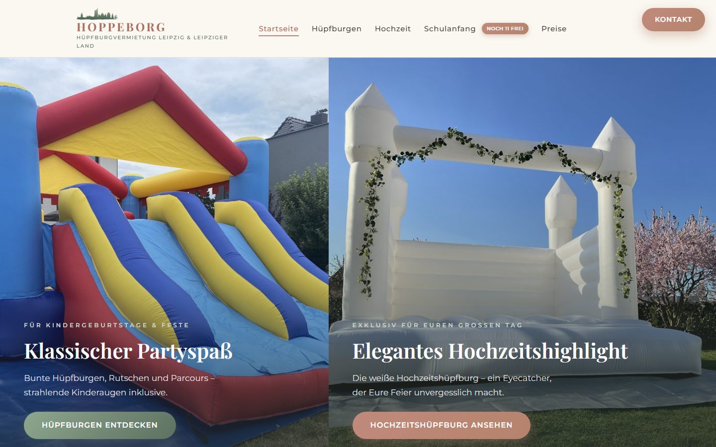 Startseite von hoppeborg.de: links eine bunte Hüpfburg mit Rutsche und „Klassischer Partyspaß“, rechts eine weiße Hochzeitshüpfburg mit „Elegantes Hochzeitshighlight“, darunter je ein Knopf.